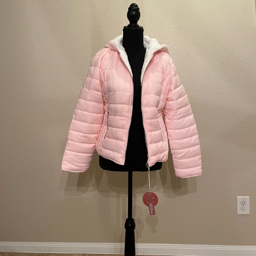 NWT Pink Puffer Hooded Reversible Jacket with White Sherpa Fleece Lining
